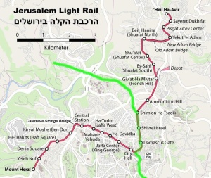 The route of the Veolia built Jerusalem tramway built into Occupied Palestinian land into East Jerusalem and beyond in contravention of international law.  Ex. Boycott Israel Network
